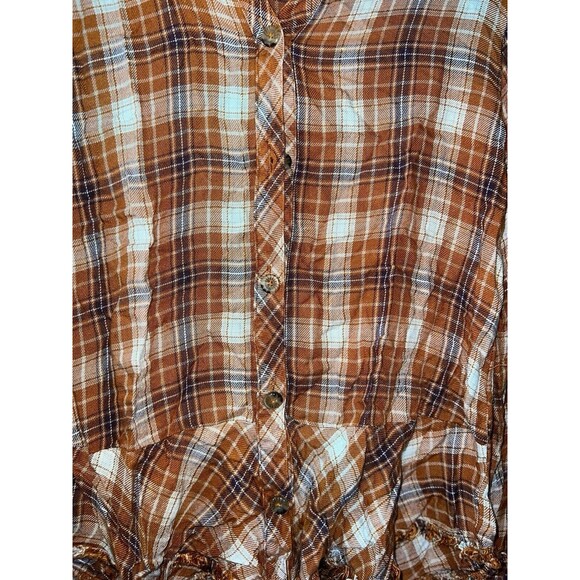 Democracy Top Womens Small Orange Tan Plaid Flannel Raw‎ Hem Button Up Boho - Picture 3 of 7